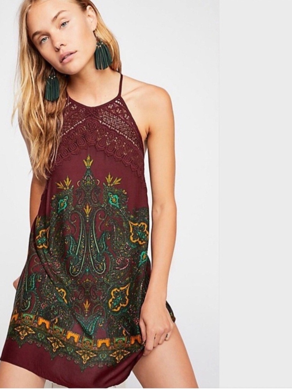 Intimately Free People Shea Paisley Crochet Lace Mini Dress M Boho Burgundy FP